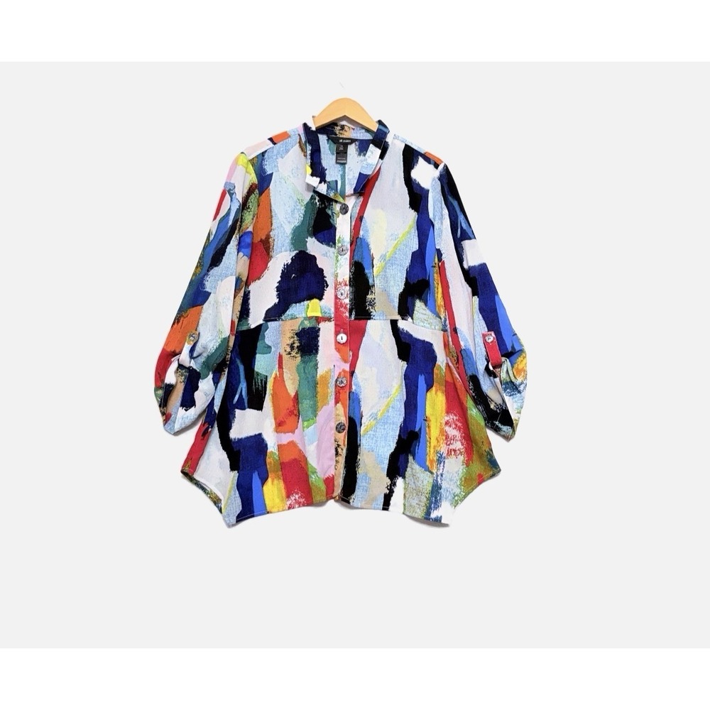 Ali Miles Tunic Sz 1X Button Down Wearable Art Gauzy Pop Art Eclectic Top Tunic